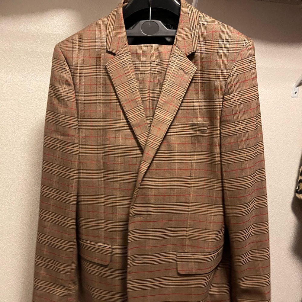 ASOS Mens checked brown suit with red piping